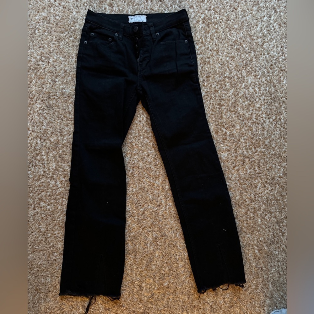 Free People Black Cropped Button Fly Split Raw Hem Jeans 25